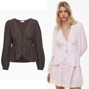 NWT Aritzia Sardinia Blouse Brown Peplum Button Up Peasant Top Balloon Sleeve XS
